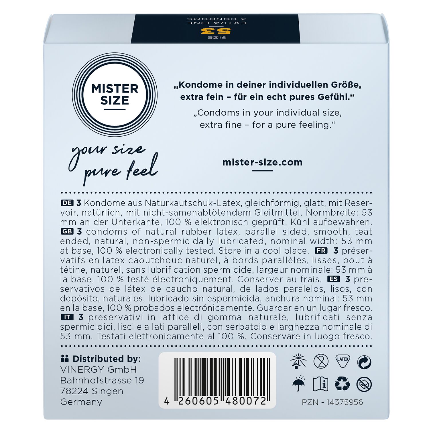 Распродажа!!! Презервативы Mister Size - pure feel - 53 (3 шт) (срок 05.2026)