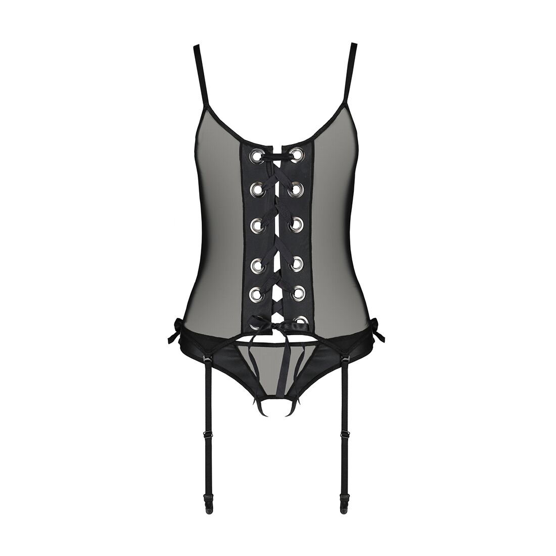 Корсет со шнуровкой Passion NESSY CORSET L/XL black, стринги с открытым доступом, пажи для чулок