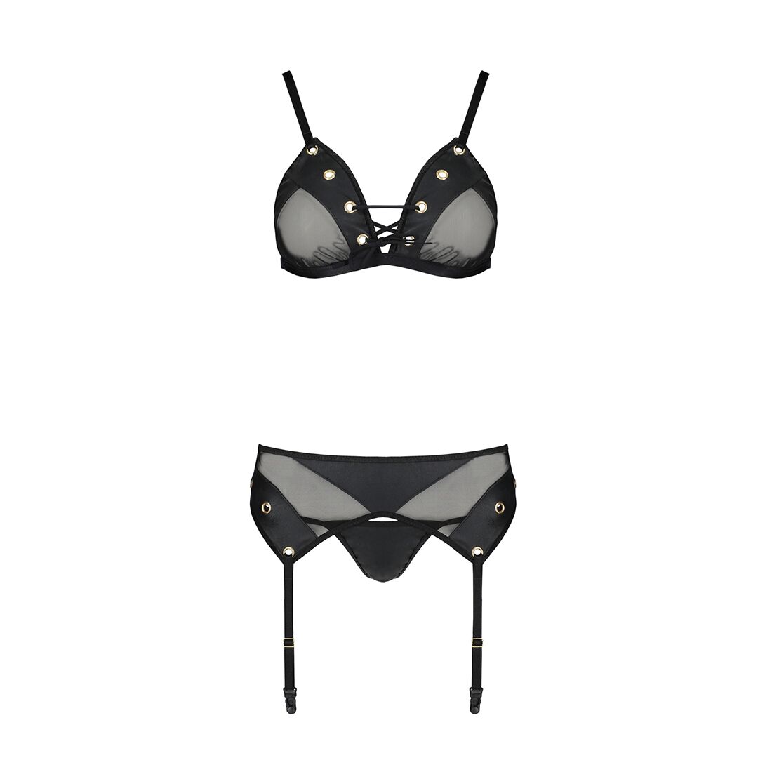 Комплект білизни Passion NESSY SET XXL/XXXL black, бюстгальтер, пояс для панчіх, стрінги
