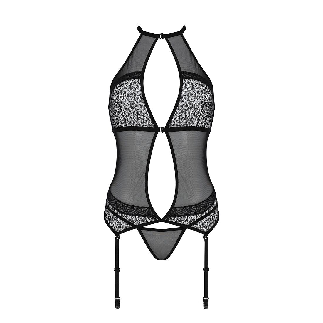 Корсет з пажами Passion SATARA CORSET L/XL black, стрінги, мереживо, застібки спереду та ззаду