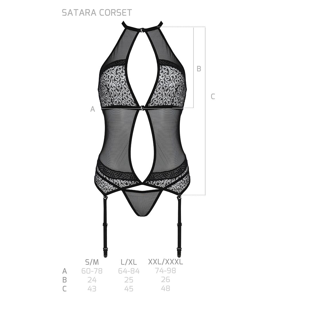 Корсет з пажами Passion SATARA CORSET L/XL red, стрінги, мереживо, застібки спереду та ззаду