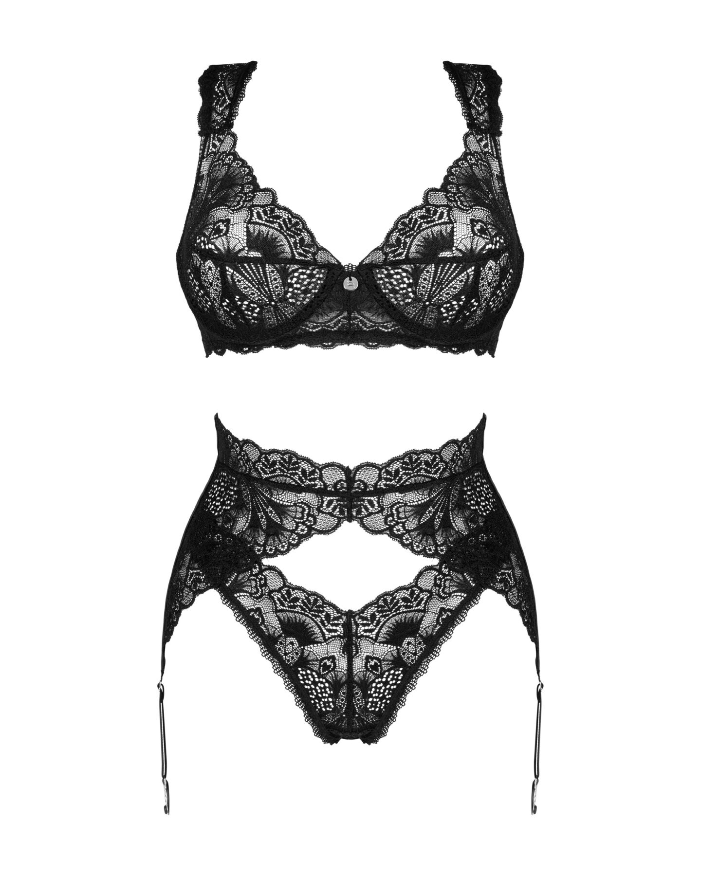 Комплект білизни Obsessive Donna Dream 3-pcs set XL/2XL Black, бюстгальтер, стрінги, пояс для панчіх