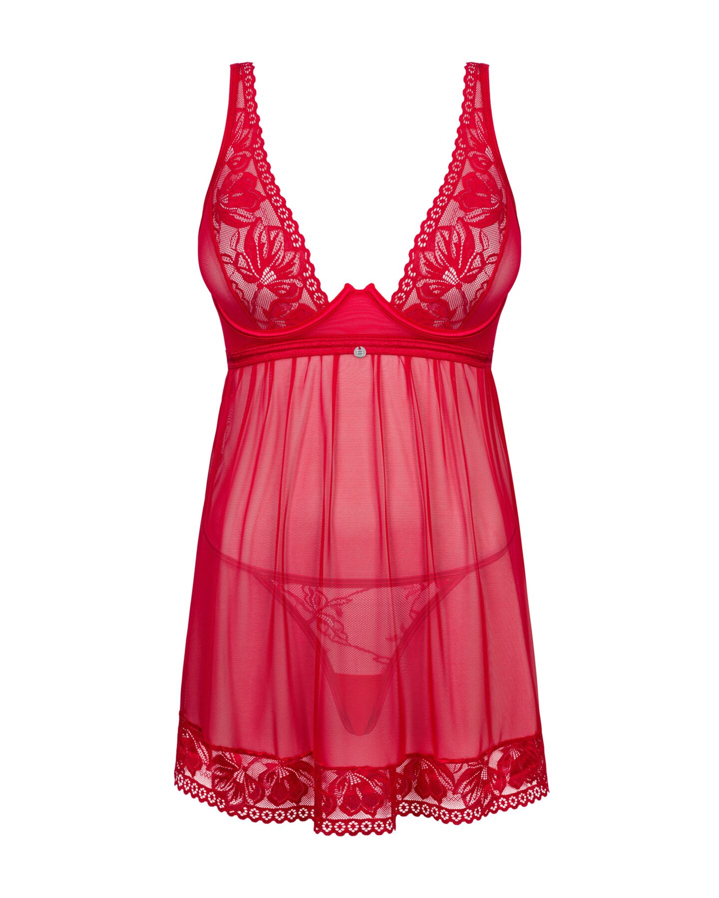 Прозрачная сорочка бэби-долл Obsessive Lacelove babydoll & thong M/L Red, кружево, стринги