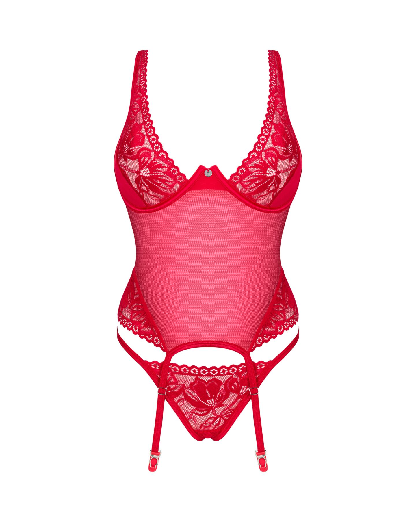 Прозорий корсет Obsessive Lacelove corset XS/S Red, мереживо, підв’язки для панчіх