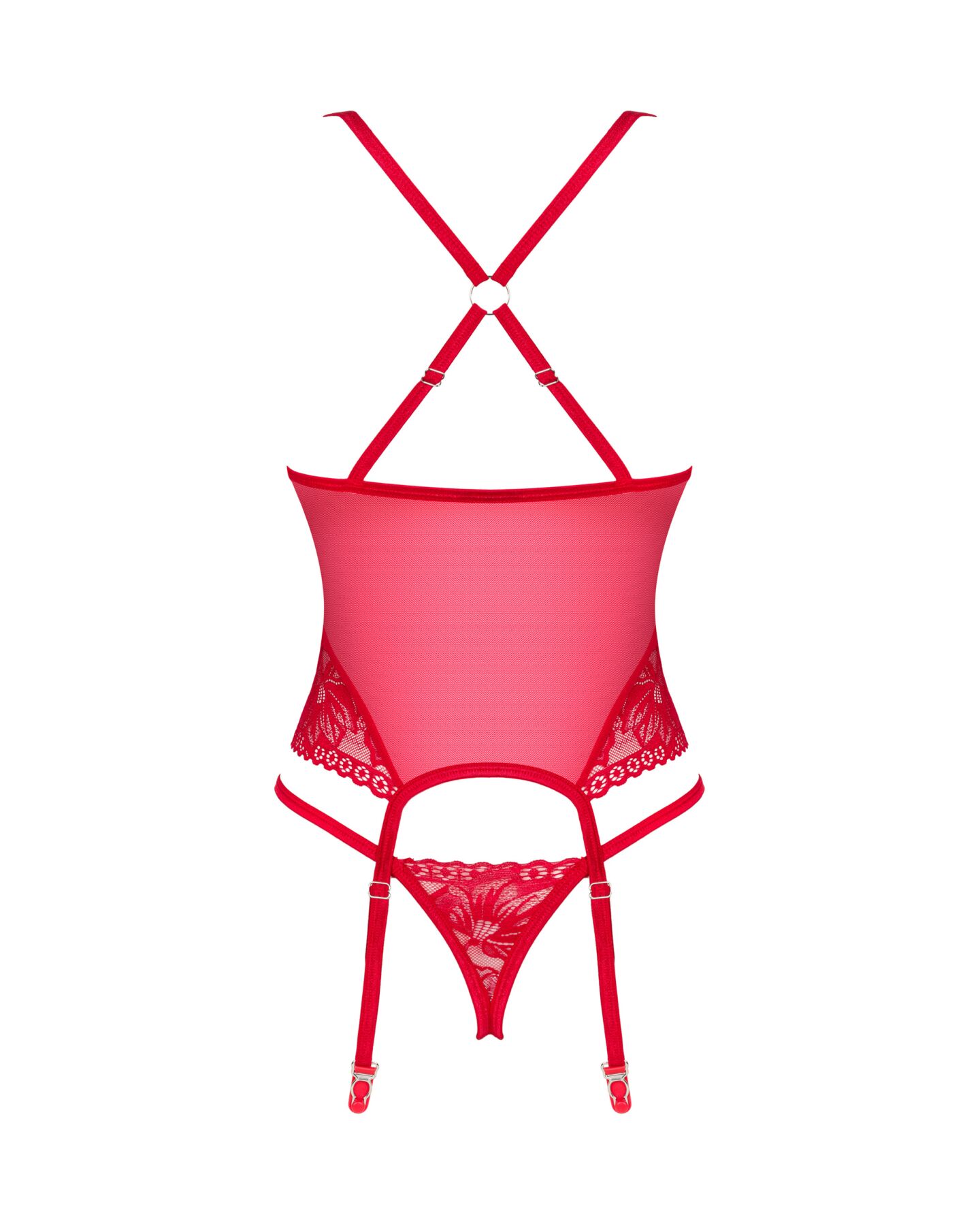 Прозорий корсет Obsessive Lacelove corset XS/S Red, мереживо, підв’язки для панчіх