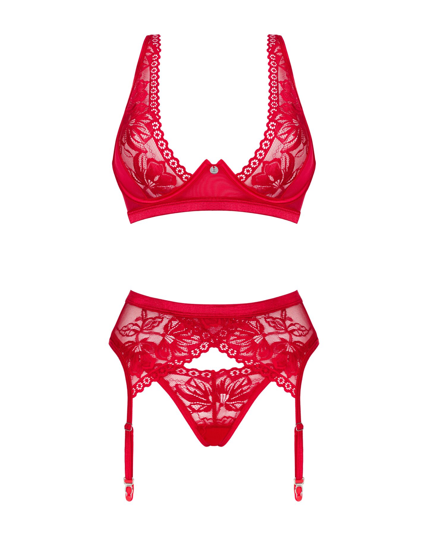 Комплект білизни Obsessive Lacelove cupless 3pcs set XS/S Red, бюстгальтер, стрінги, пояс для панчіх