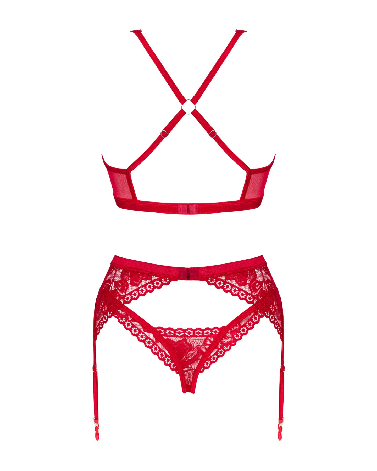 Комплект білизни Obsessive Lacelove cupless 3-pcs set M/L Red, бюстгальтер, стрінги, пояс для панчіх