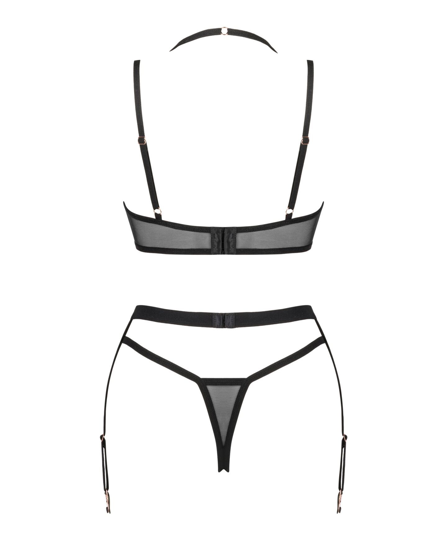 Комплект білизни Obsessive Selinne 3-pcs set XL/2XL Black, бюстгальтер, стрінги пояс для панчіх