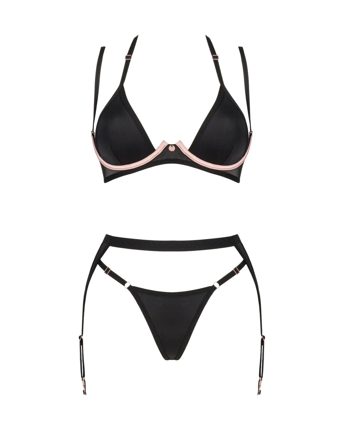 Комплект білизни Obsessive Selinne 3-pcs set XL/2XL Black, бюстгальтер, стрінги пояс для панчіх
