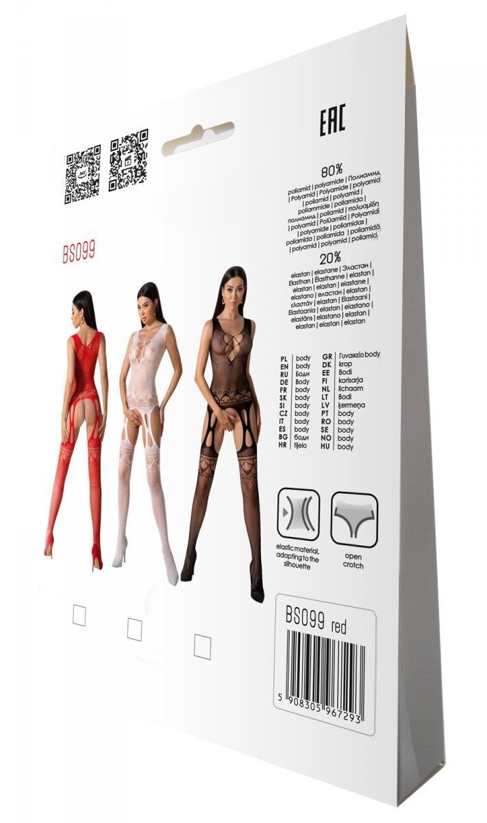 Бодистокинг с плетением на груди Passion BS099 One Size, red, открытый доступ, имитация подвязок