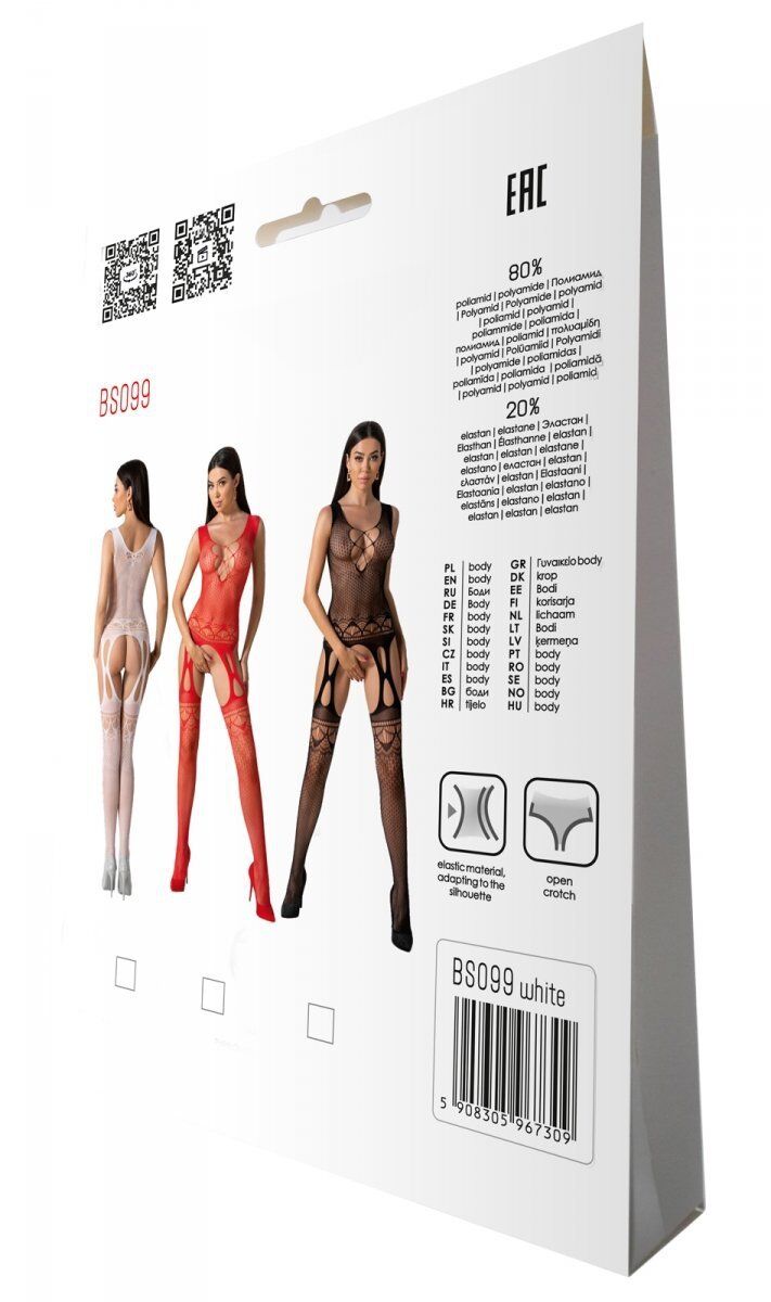 Бодистокинг с плетением на груди Passion BS099 One Size, white, открытый доступ, имитация подвязок