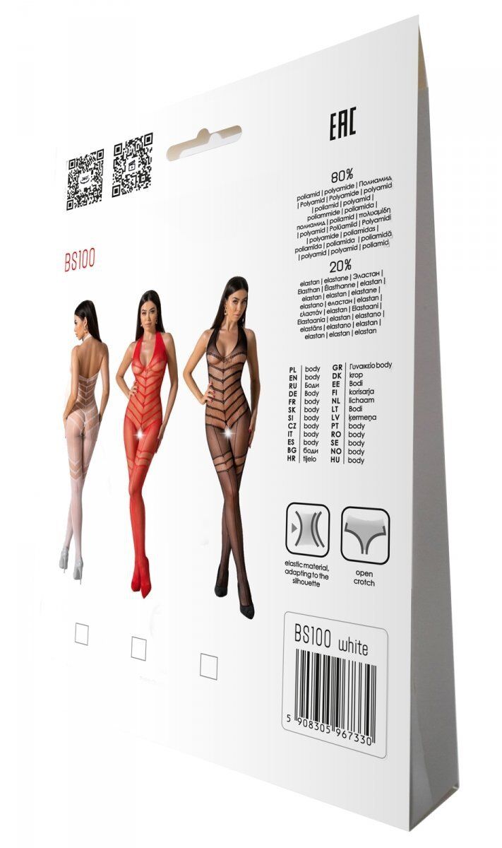 Бодистокинг с плетением на животике Passion BS100 One Size, white, декоративный шов, с доступом
