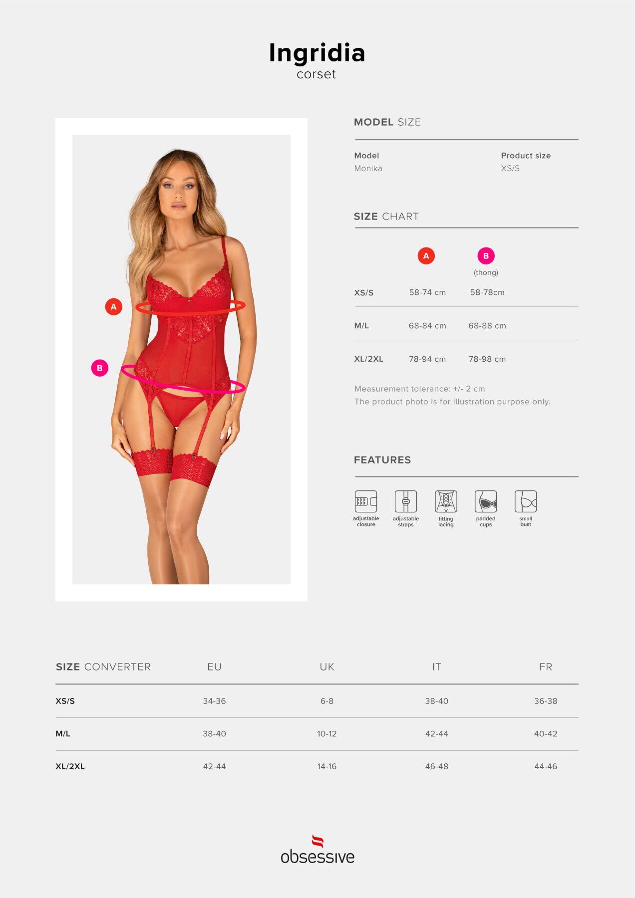 Комплект корсет та стрінги Obsessive Ingridia corset & thong XS/S, червоний