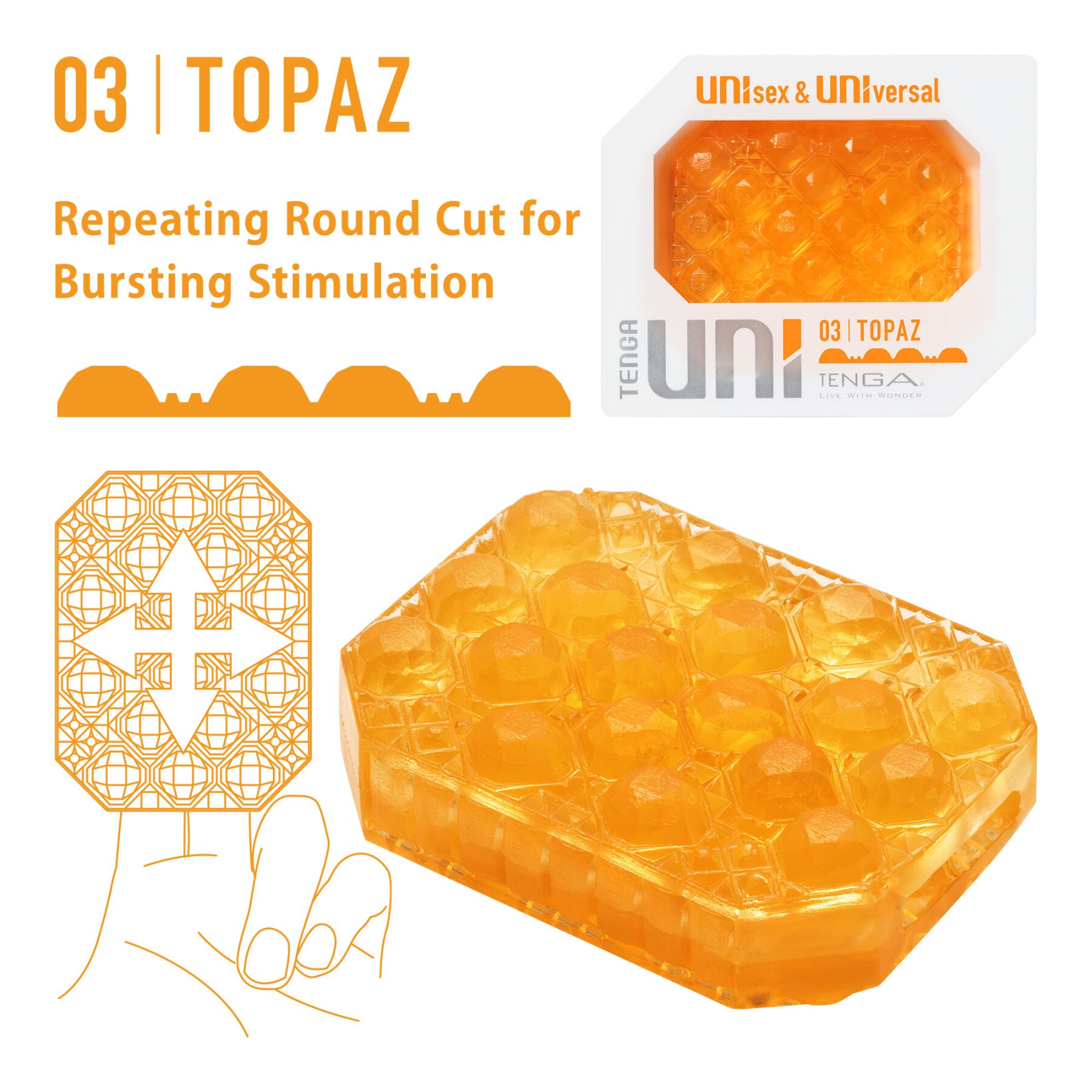 Унісекс-стимулятор Tenga UNI Topaz, помаранчевий, рельєф у вигляді горбків, лубрикант у комплекті