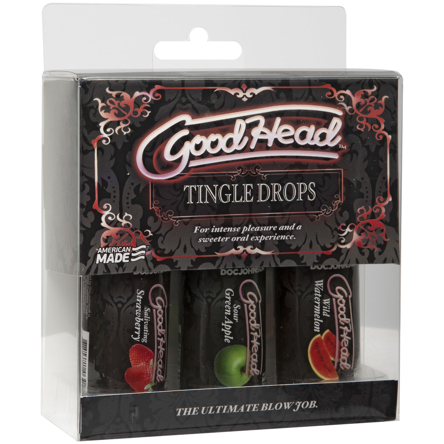 Набір крапель для мінету Doc Johnson GoodHead Tingle Drops, 3х29,5 мл, кавун, зелене яблуко, полуниця