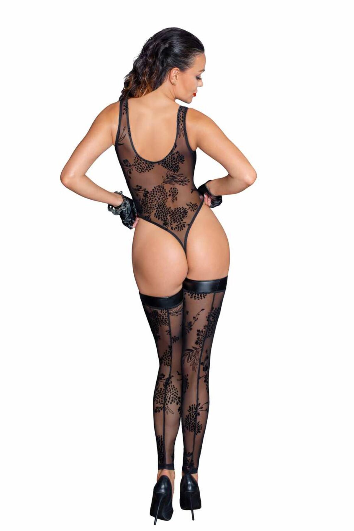 Боді Noir Handmade F242 Tulle body with patterned flock embroidery, XL