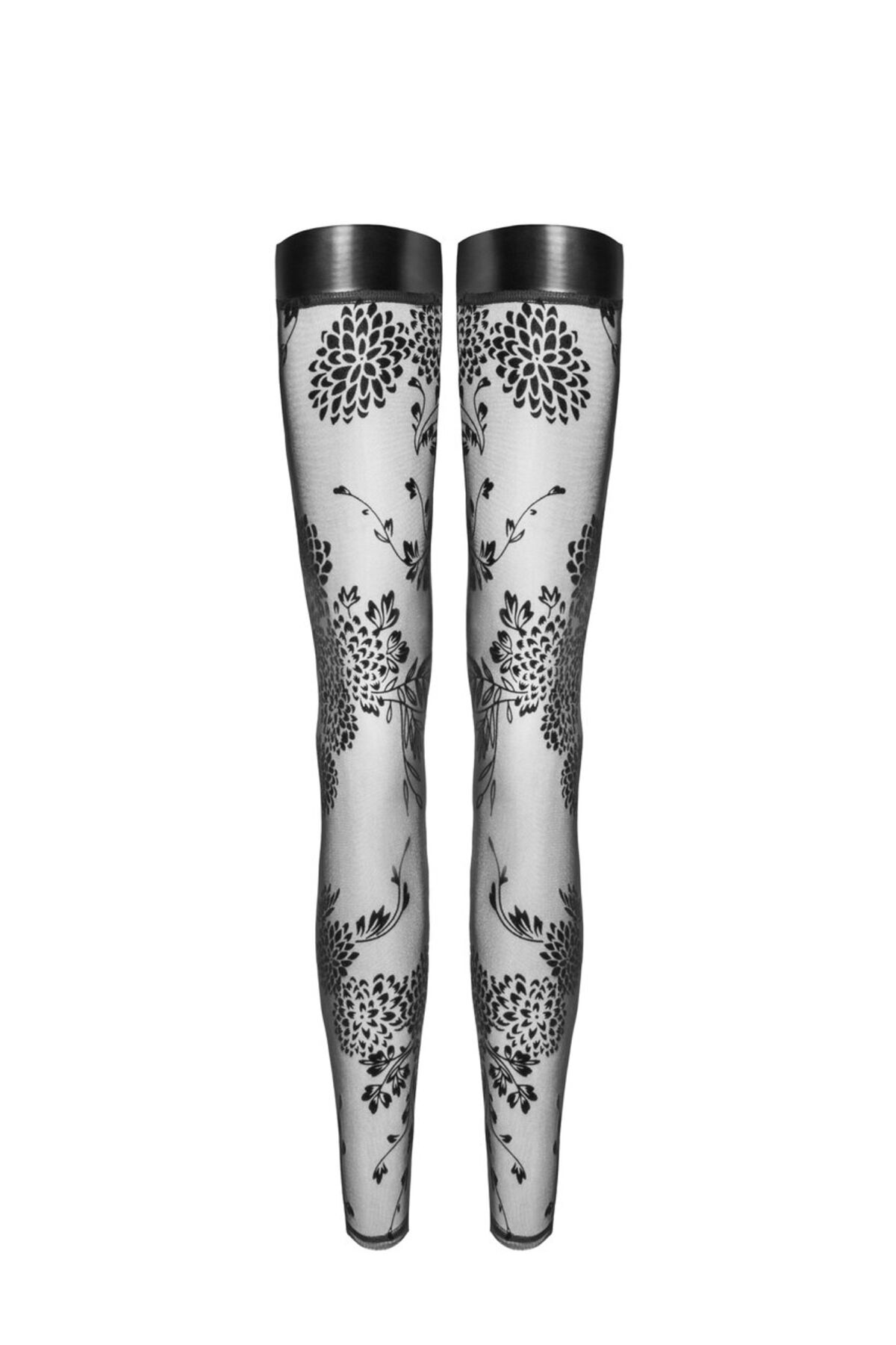 Панчохи без миска Noir Handmade F243 Tulle stockings with patterned flock embroidery, M