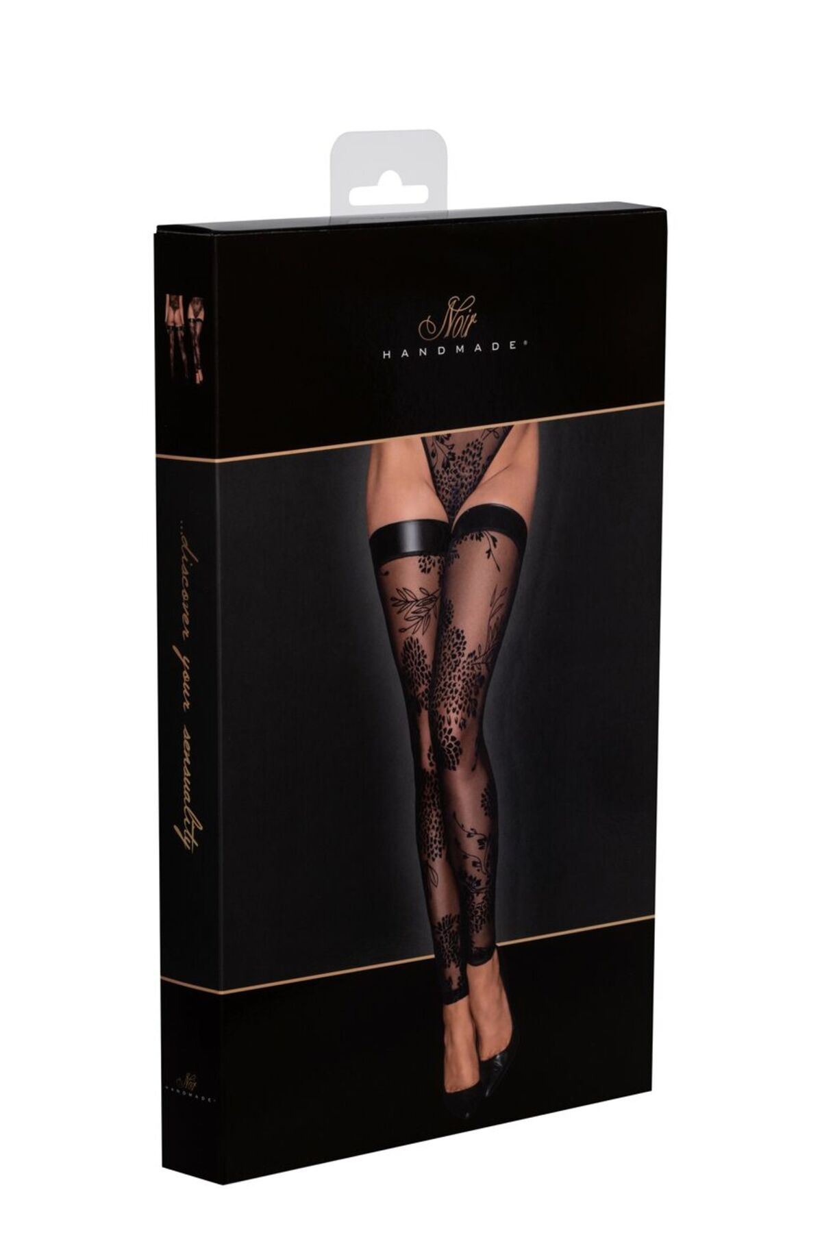 Панчохи без миска Noir Handmade F243 Tulle stockings with patterned flock embroidery, L