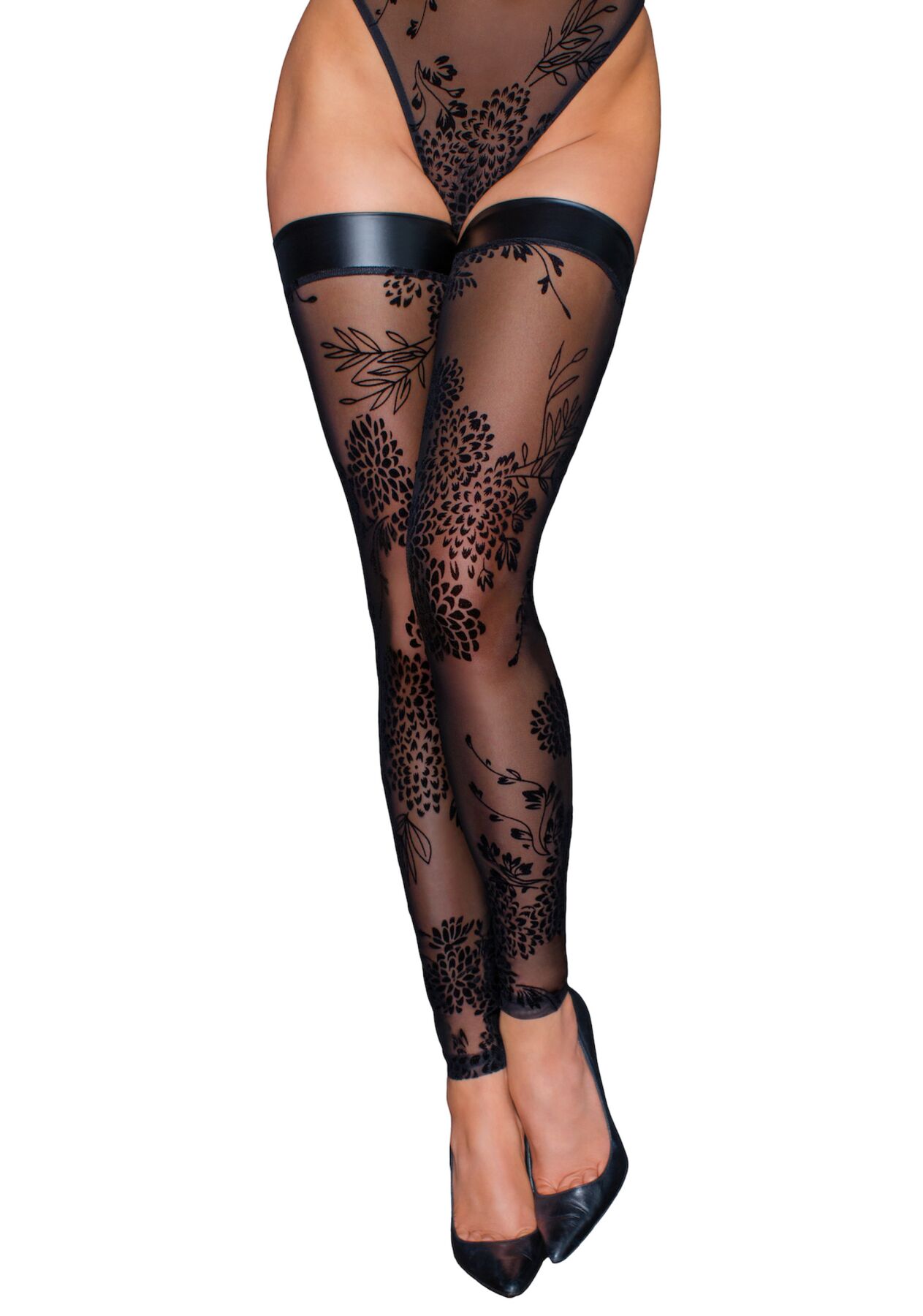 Чулки без мыска Noir Handmade F243 Tulle stockings with patterned flock embroidery, XXL