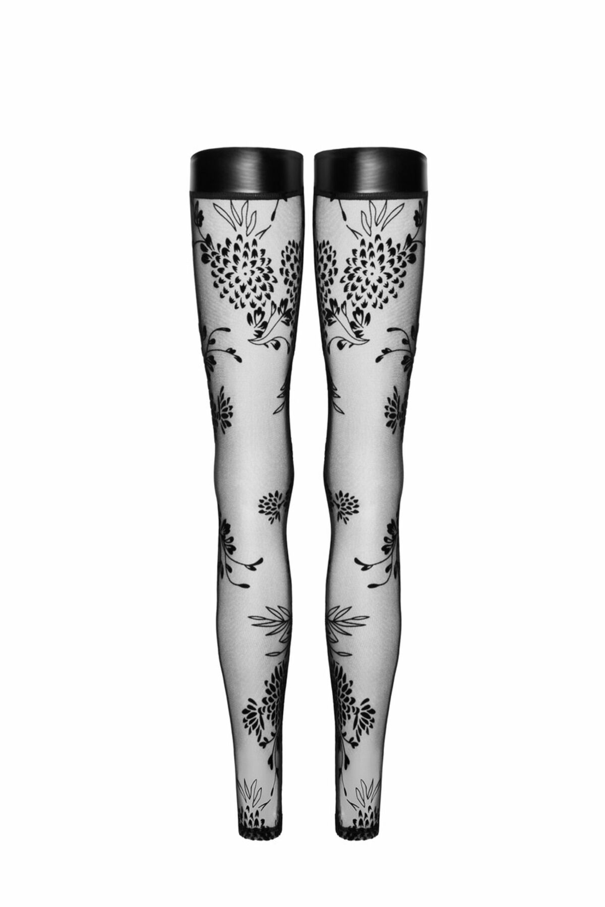 Панчохи без миска Noir Handmade F243 Tulle stockings with patterned flock embroidery, 3XL