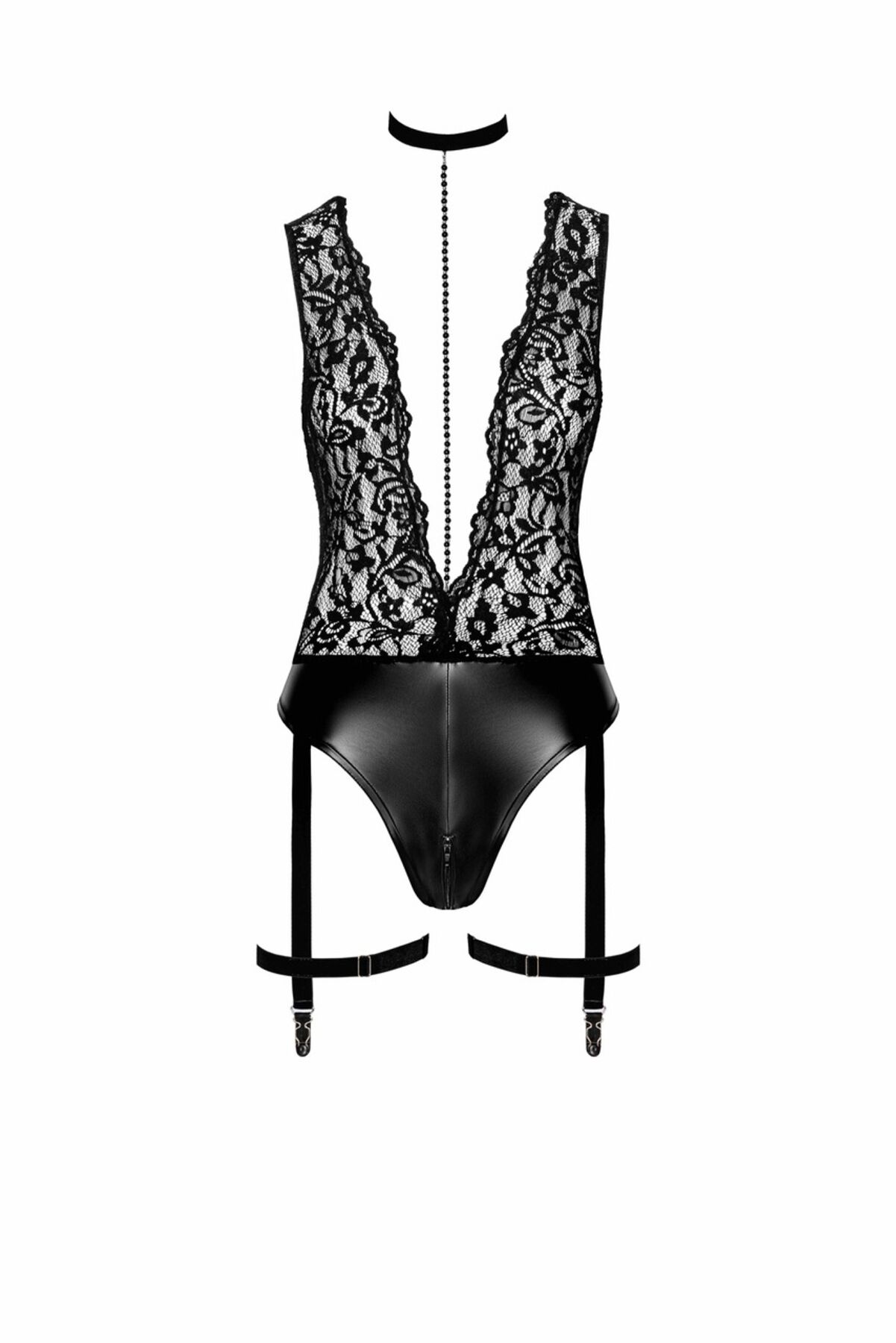 Боді Noir Handmade F297 Libido, S, чорне, мереживо, низ під латекс, відкритий доступ, гартери