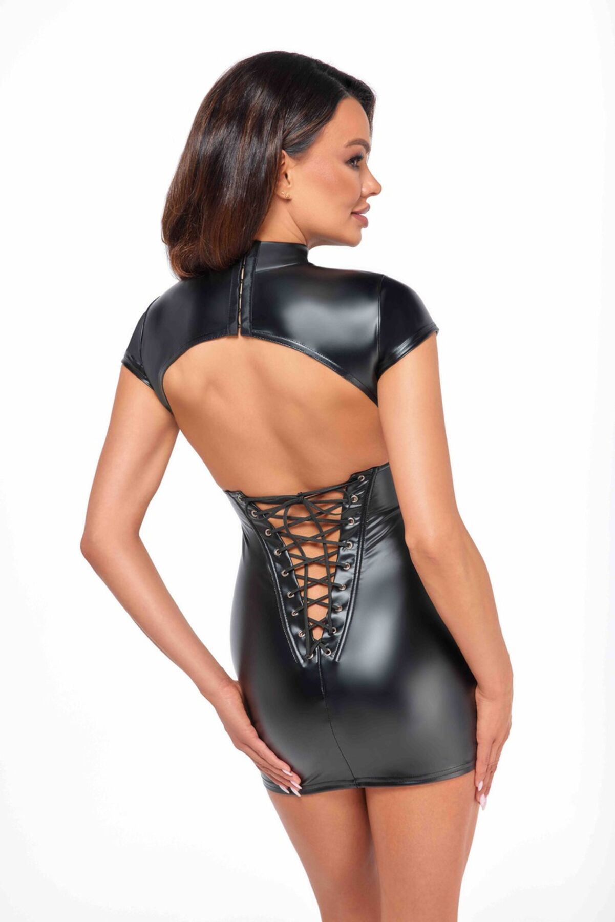 Платье Noir Handmade F309 Fantasy, L, black, мини, под латекс, короткий рукав, шнуровка сзади