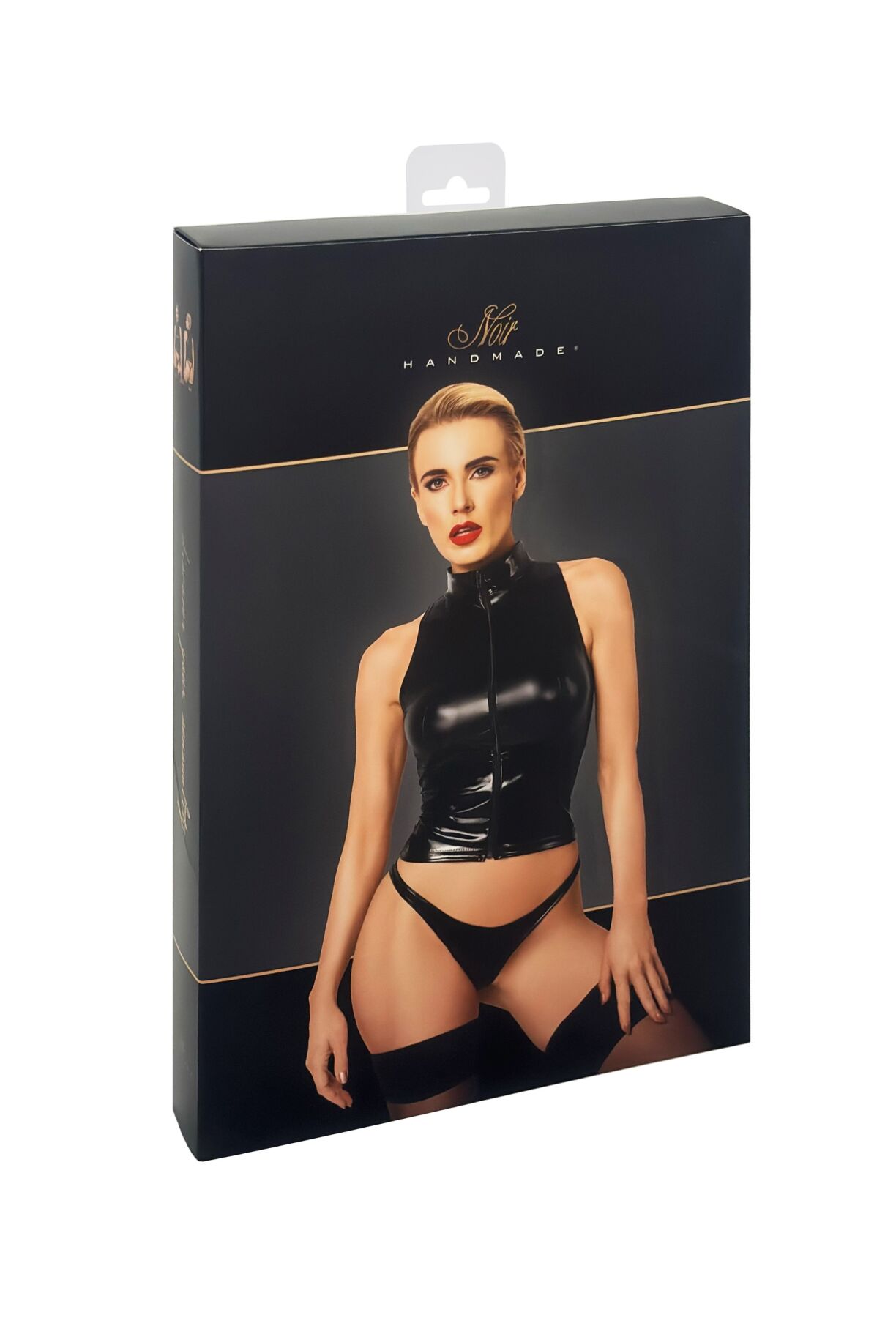 Топ Noir Handmade F324 Glam, 3XL, black, халтер, на блискавці, вінілові вставки, комір-стійка