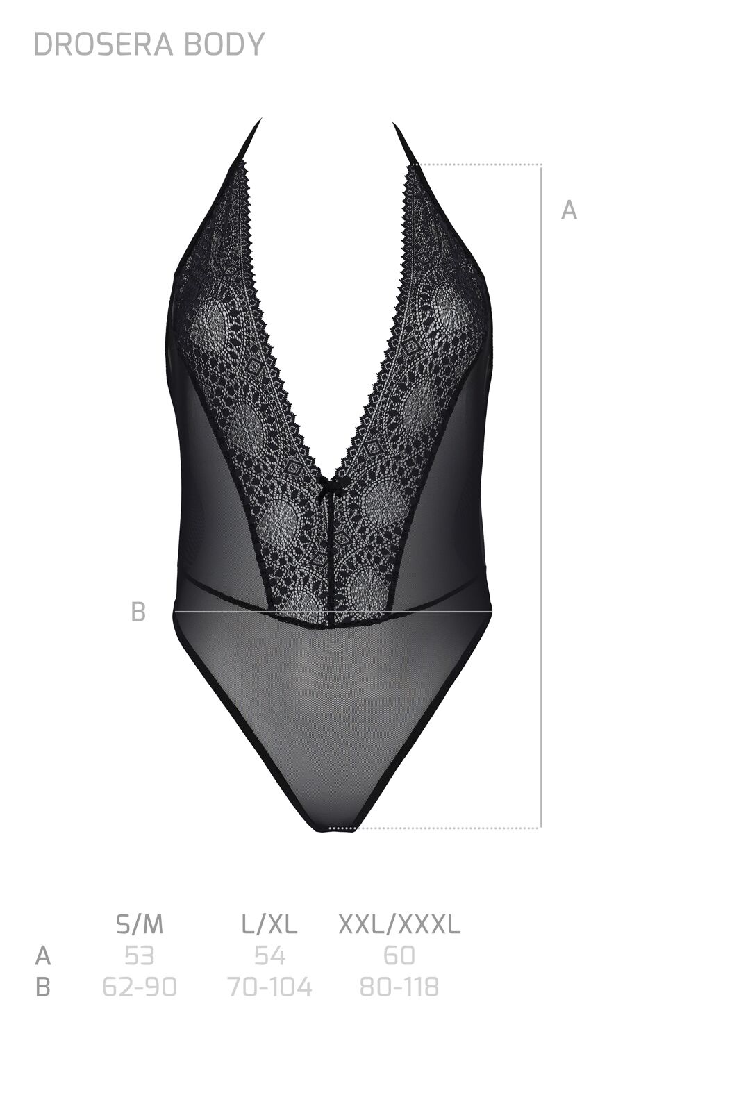 Боди Passion DROSERA BODY black, XXL/XXXL, высокие вырезы, верх на завязках