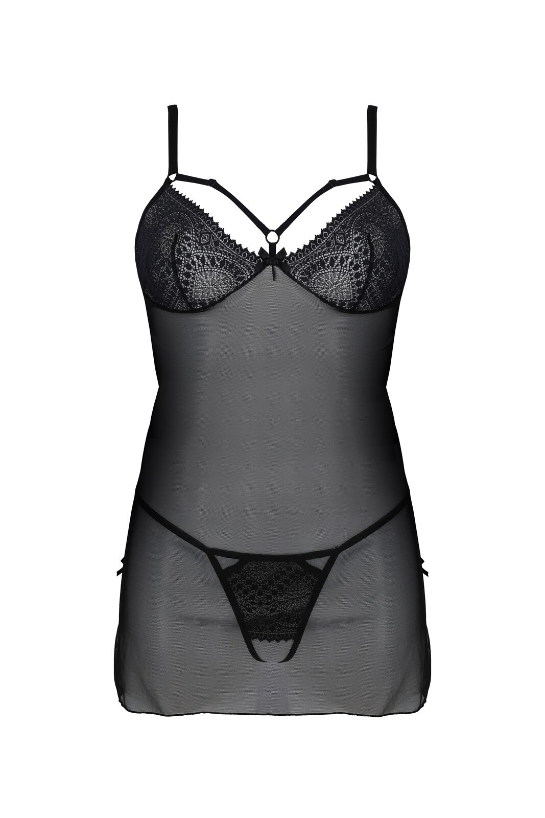 Пеньюар Passion DROSERA CHEMISE black, L/XL, мереживний ліф зі стрепами, трусики в комплекті