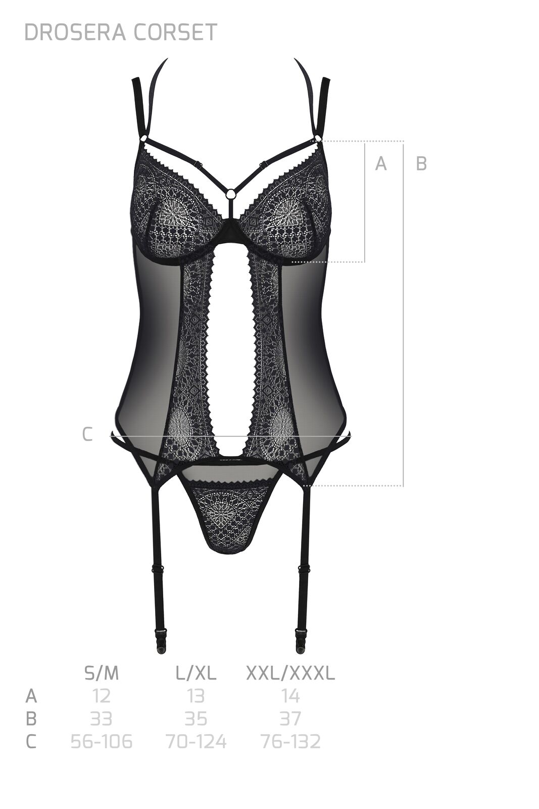Корсет Passion DROSERA CORSET black, L/XL, с креплениями для чулок, трусики в комплекте