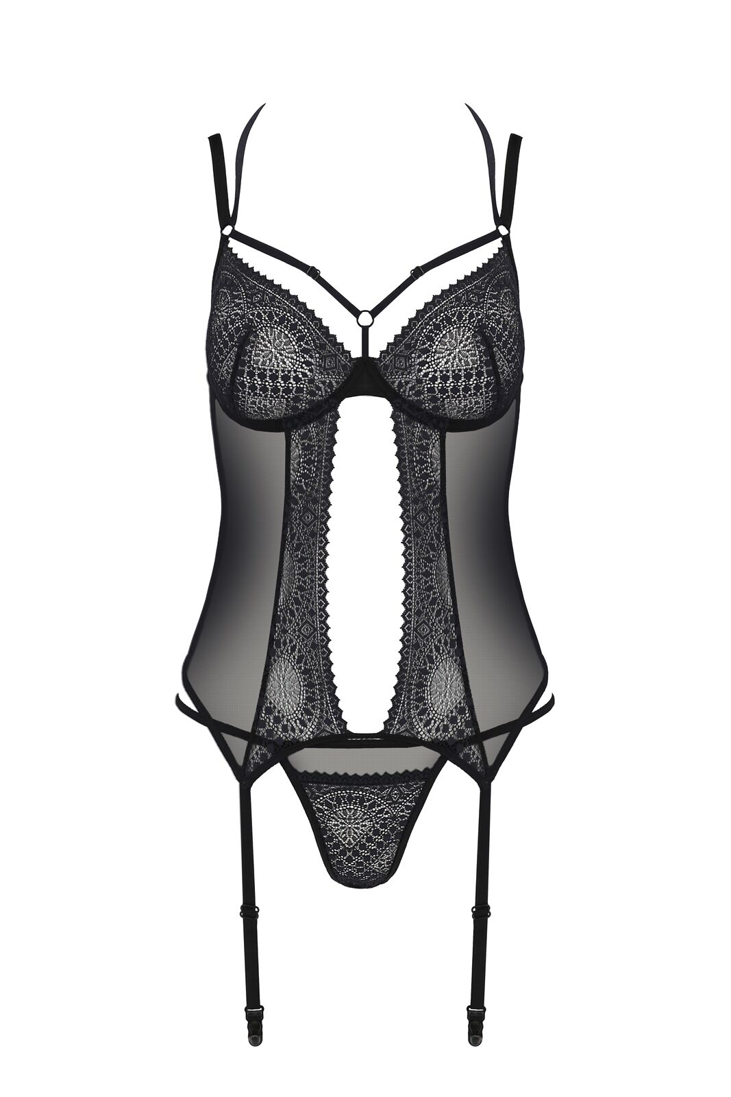 Корсет Passion DROSERA CORSET black, L/XL, с креплениями для чулок, трусики в комплекте