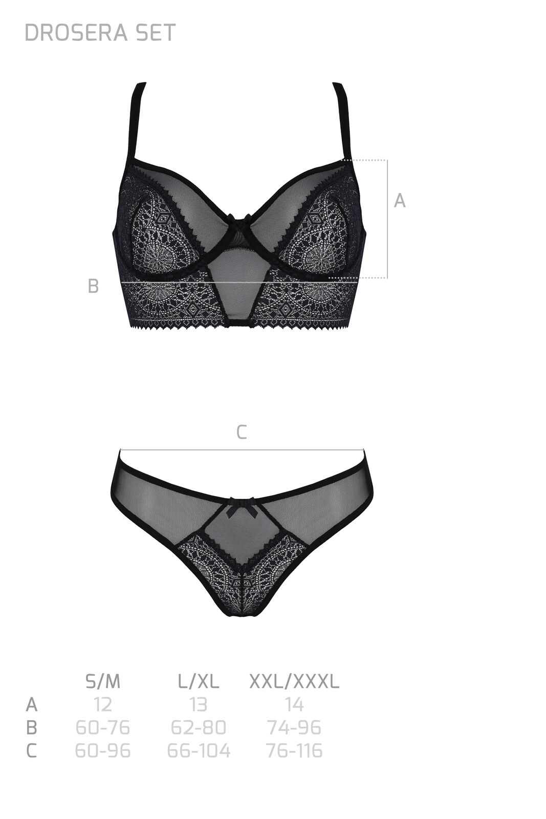 Комплект Passion DROSERA SET black, L/XL, сетка+кружево, бюстье и трусики танга