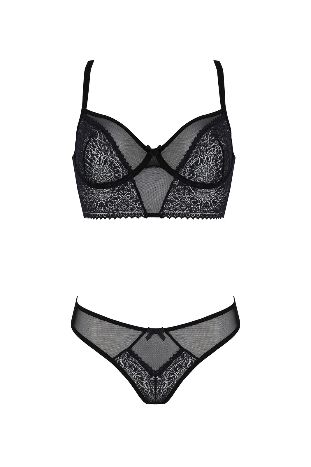 Комплект Passion DROSERA SET black S/M, сітка+мереживо, бюстьє та трусики танга