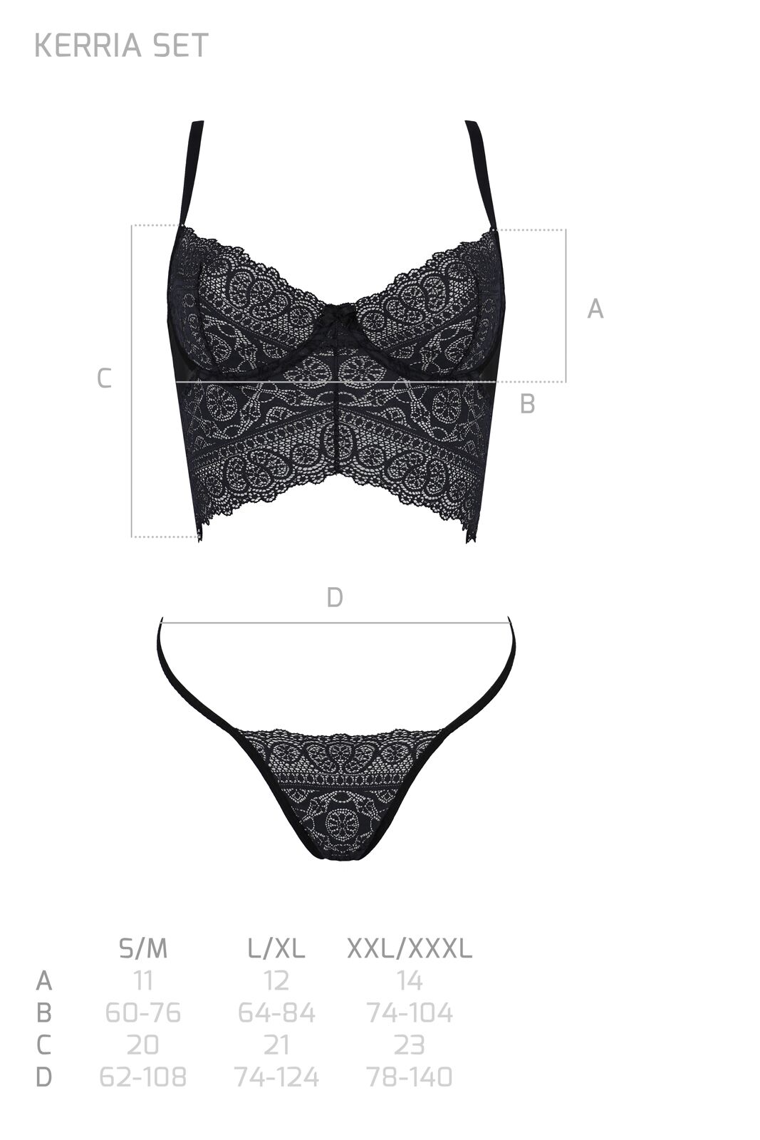 Комплект Passion KERRIA SET black, S/M, сетка+кружево, бюстье и стринги