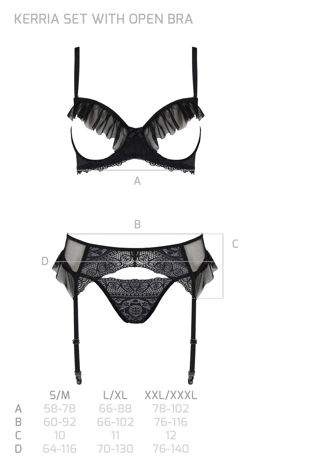Комплект Passion KERRIA SET WITH OPEN BRA black, L/XL, бюстгальтер с открытой чашкой, стринги, пояс для чулок