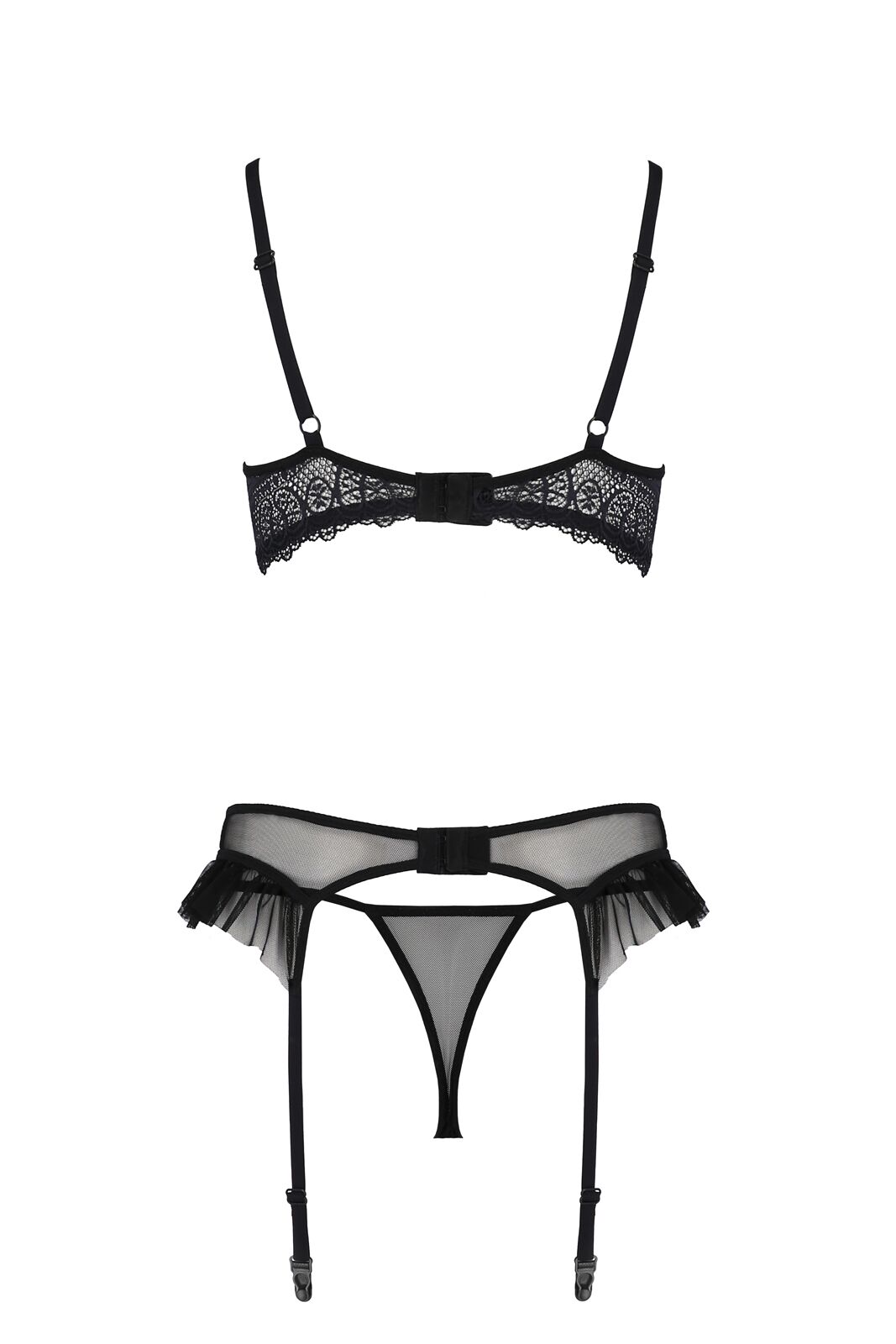 Комплект Passion KERRIA SET WITH OPEN BRA black, L/XL, бюстгальтер с открытой чашкой, стринги, пояс для чулок
