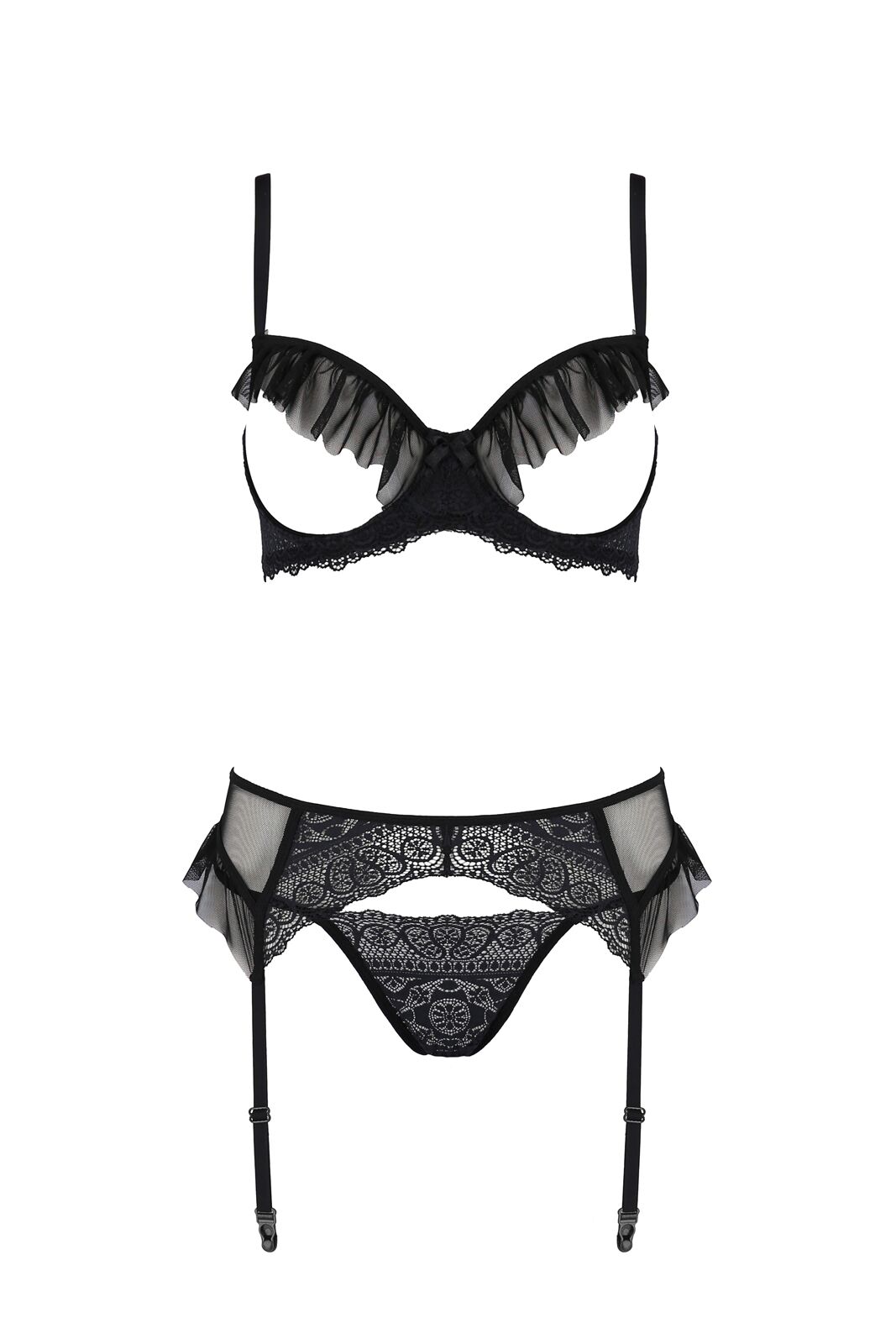 Комплект Passion KERRIA SET WITH OPEN BRA black, XXL/XXXL, бюстгальтер с открытой чашкой, стринги, пояс для чулок