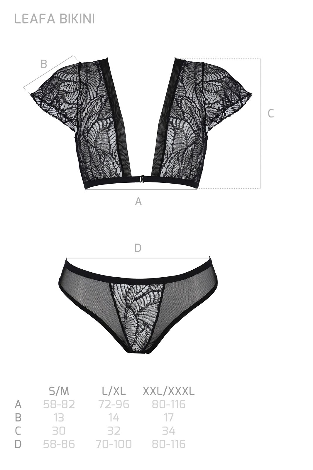 Комплект Passion LEAFA BIKINI black S/M, бюстгальтер-топ з рукавчиками, стрінги-шортики з вирізом