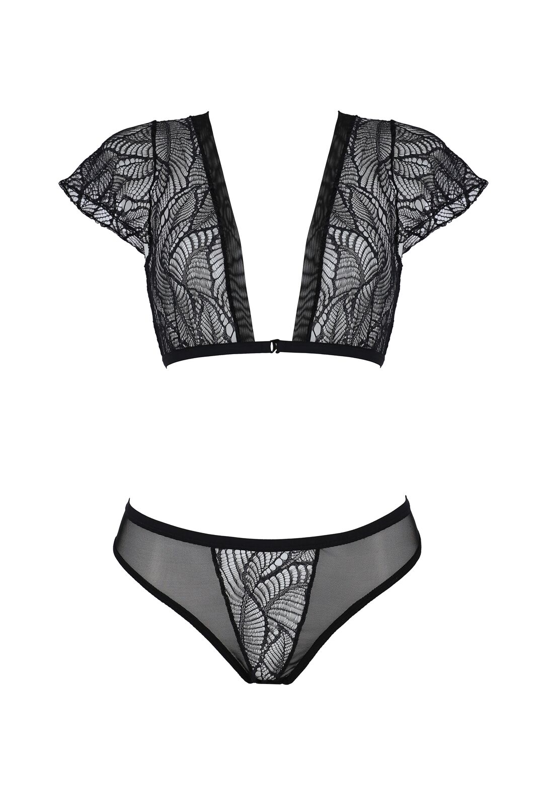 Комплект Passion LEAFA BIKINI black S/M, бюстгальтер-топ з рукавчиками, стрінги-шортики з вирізом