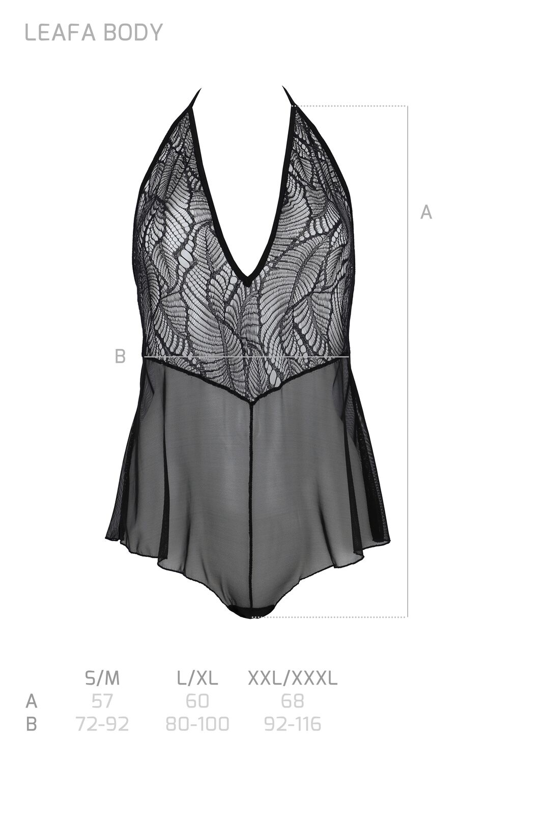 Боді Passion LEAFA BODY black, XXL/XXXL на зав'язках, м'яка чашка, низ у вигляді шортиків