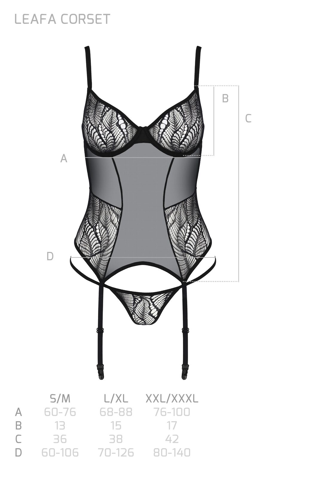 Корсет Passion LEAFA CORSET black L/XL, м'які чашки, затискачі для панчіх, стрінги в комплекті