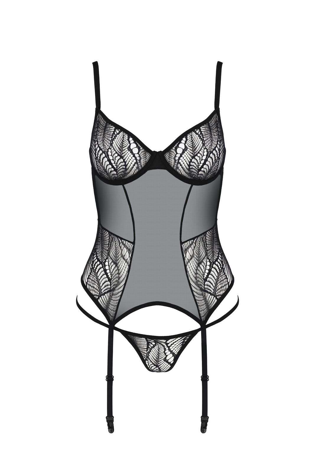 Корсет Passion LEAFA CORSET black, XXL/XXXL, м'які чашки, затискачі для панчіх, стрінги в комплекті