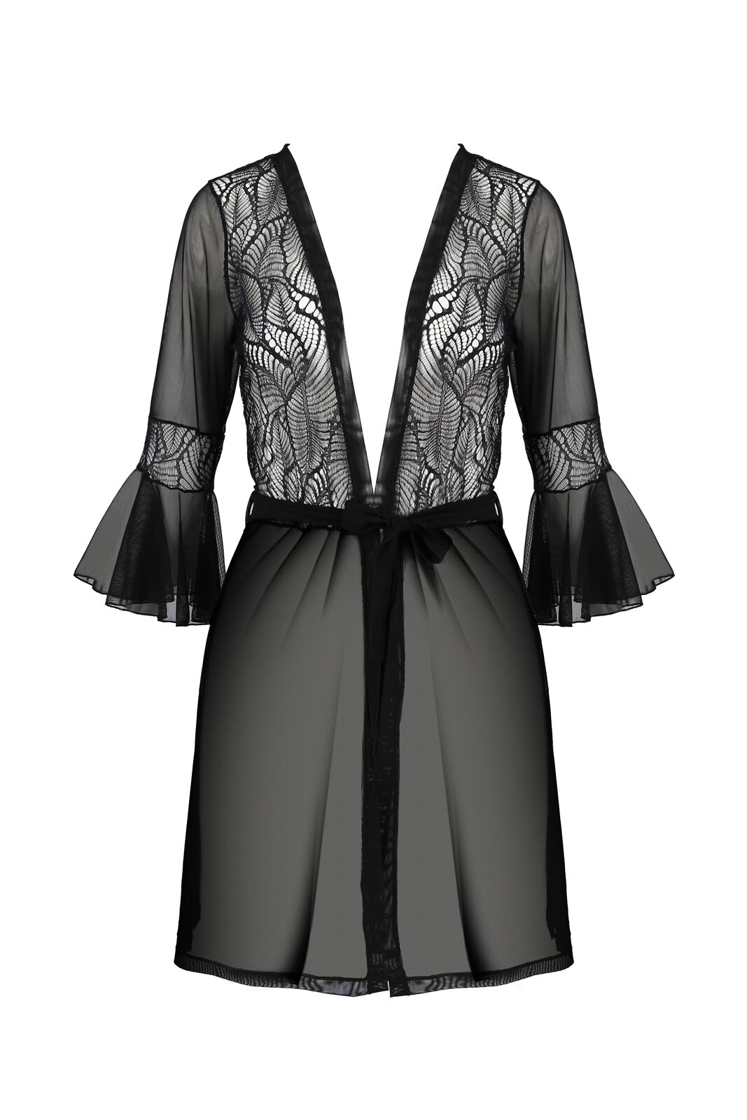 Пеньюар Passion LEAFA PEIGNOIR black, L/XL, довжина трохи вище коліна, широкі рукави, зав'язується на пояс