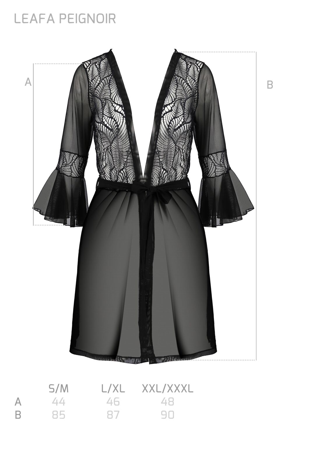 Пеньюар Passion LEAFA PEIGNOIR black S/M, довжина трохи вище коліна, широкі рукави, зав'язується на пояс