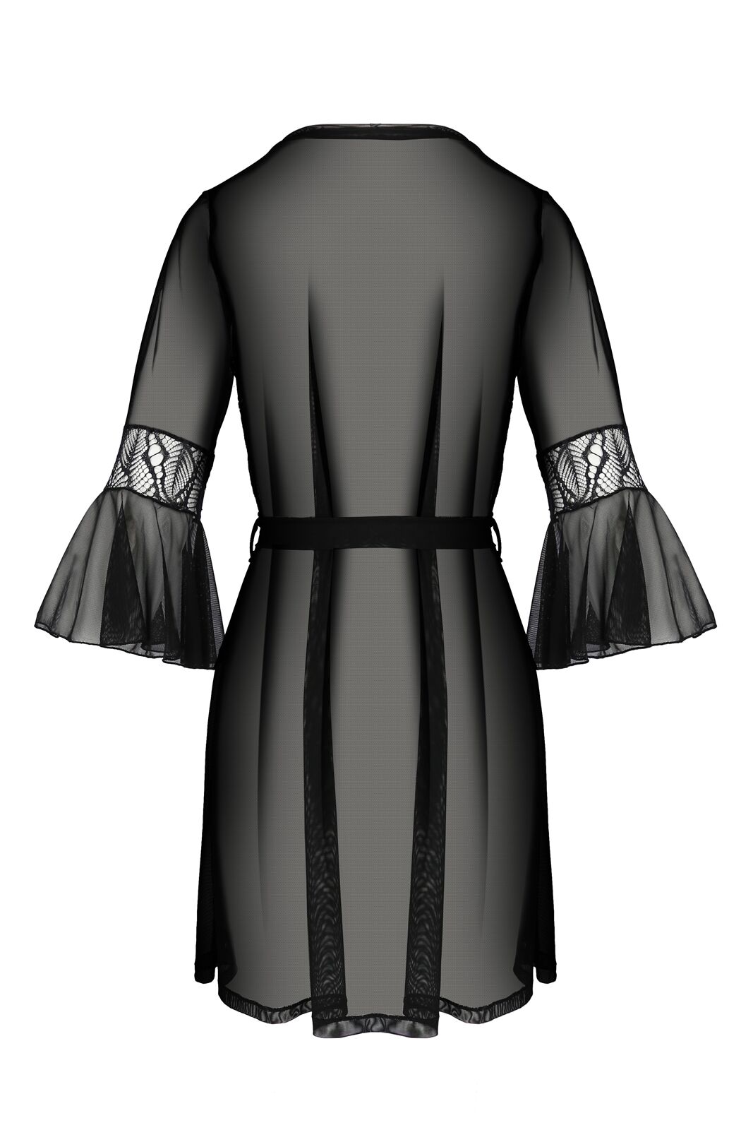 Пеньюар Passion LEAFA PEIGNOIR black, XXL/XXXL, довжина трохи вище коліна, широкі рукави, зав'язується на пояс