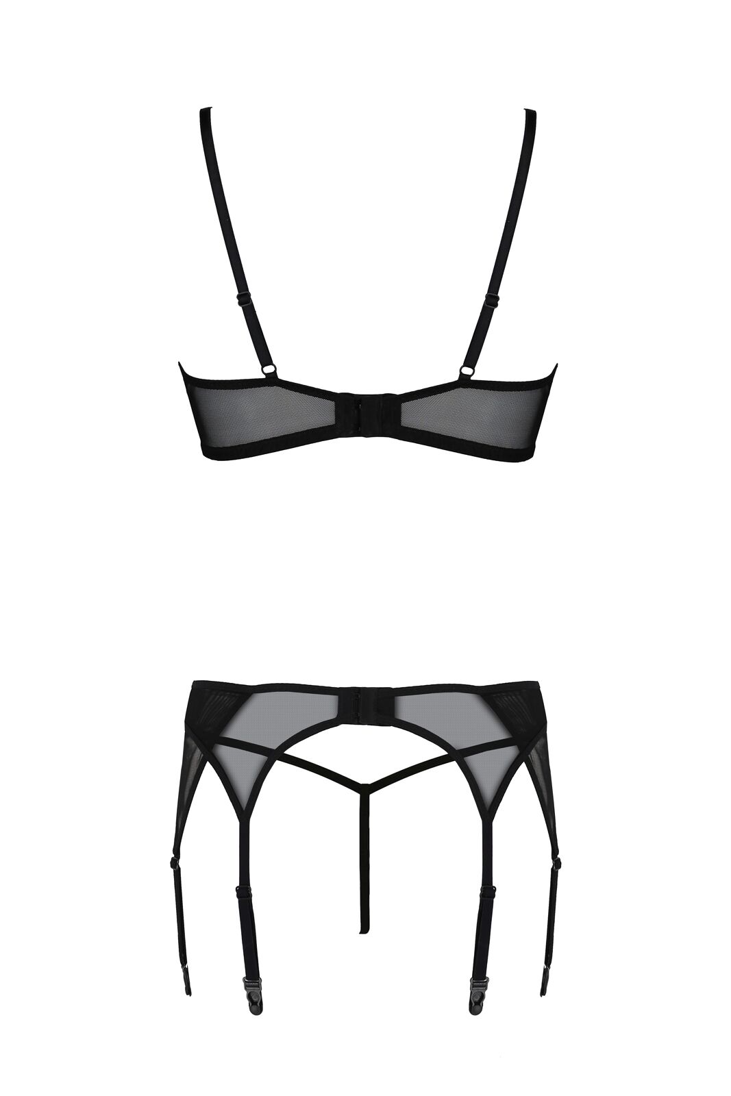 Комплект Passion LEAFA SET black, L/XL, мереживо+сітка, бюстгальтер на кісточках, стрінги, пояс для панчіх