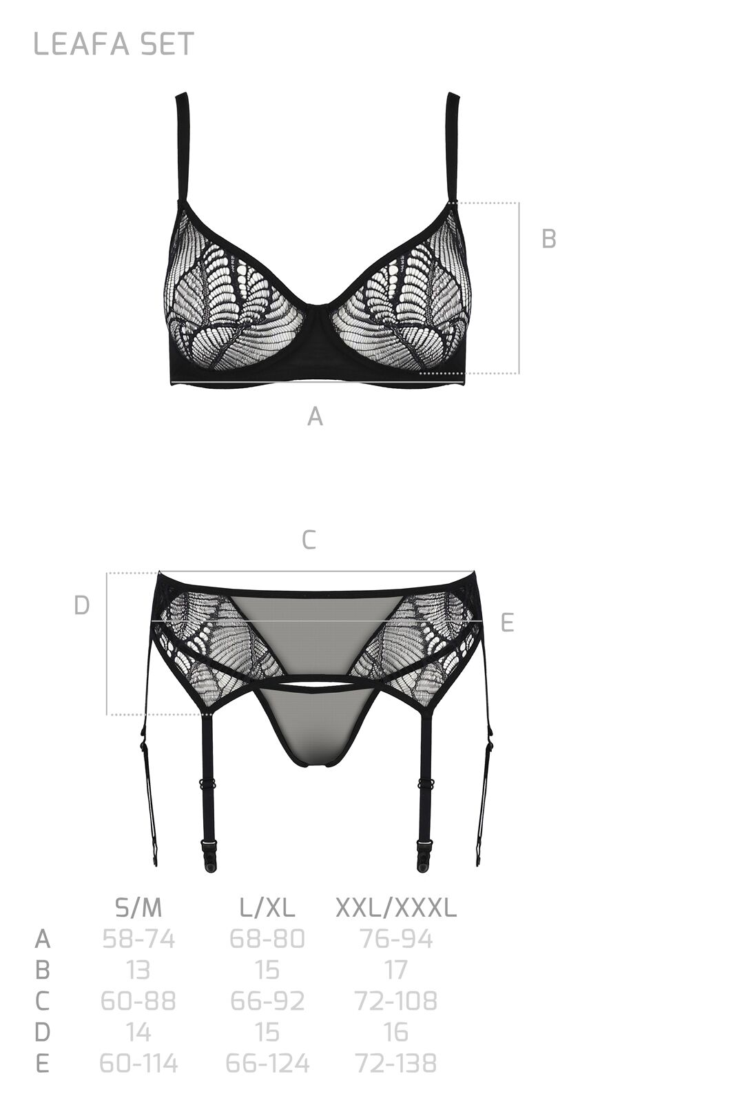 Комплект Passion LEAFA SET black, L/XL, мереживо+сітка, бюстгальтер на кісточках, стрінги, пояс для панчіх