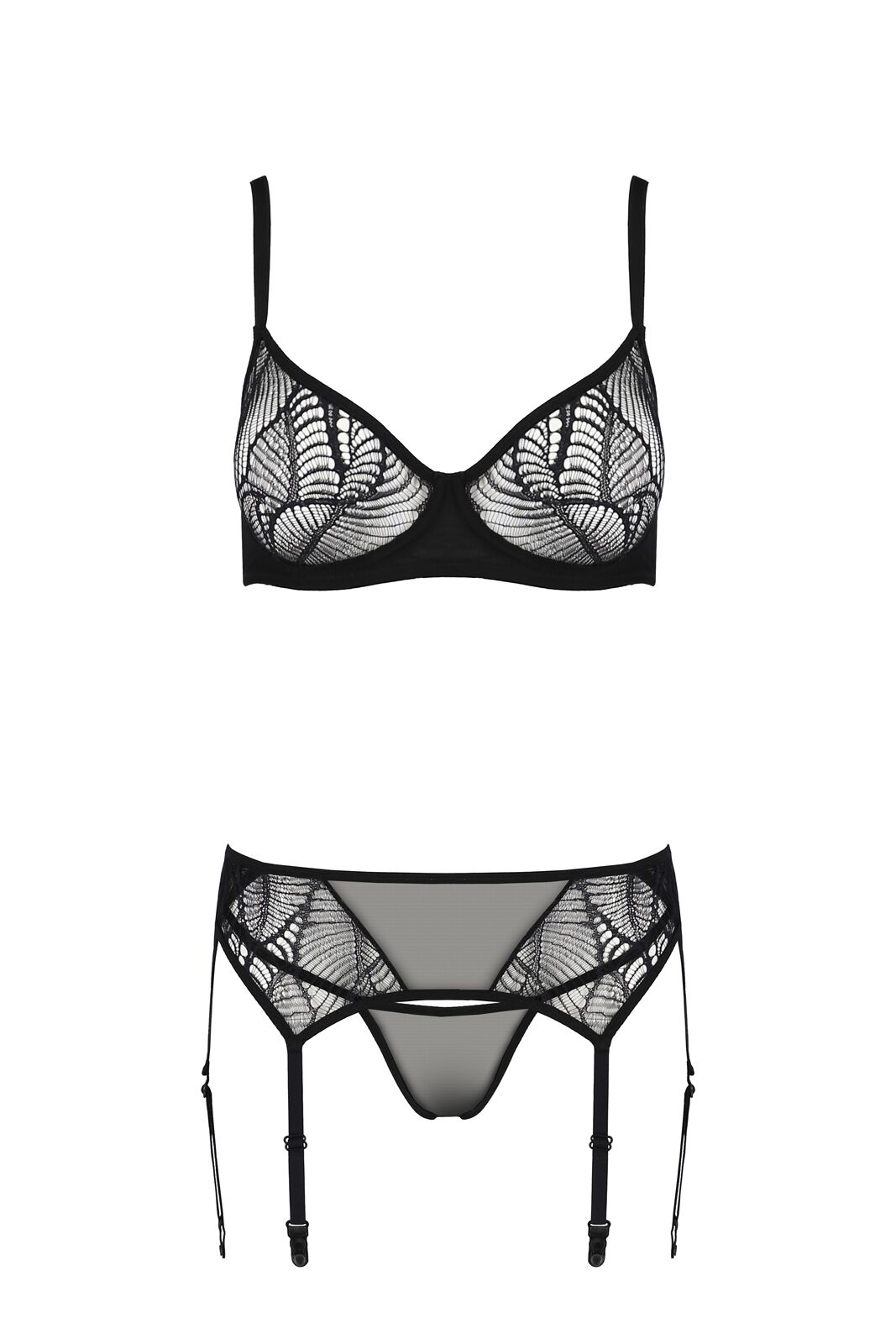 Комплект Passion LEAFA SET black S/M, мереживо+сітка, бюстгальтер на кісточках, стрінги, пояс для панчіх