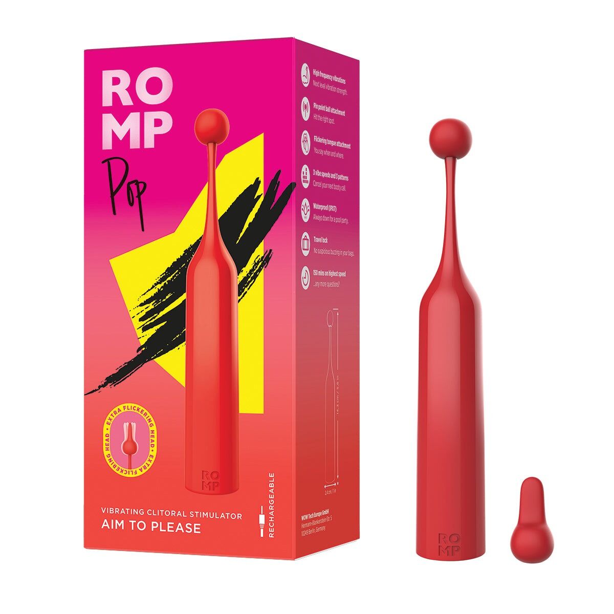 Кліторальний стимулятор Romp Pop, знімна насадка, високочастотний
