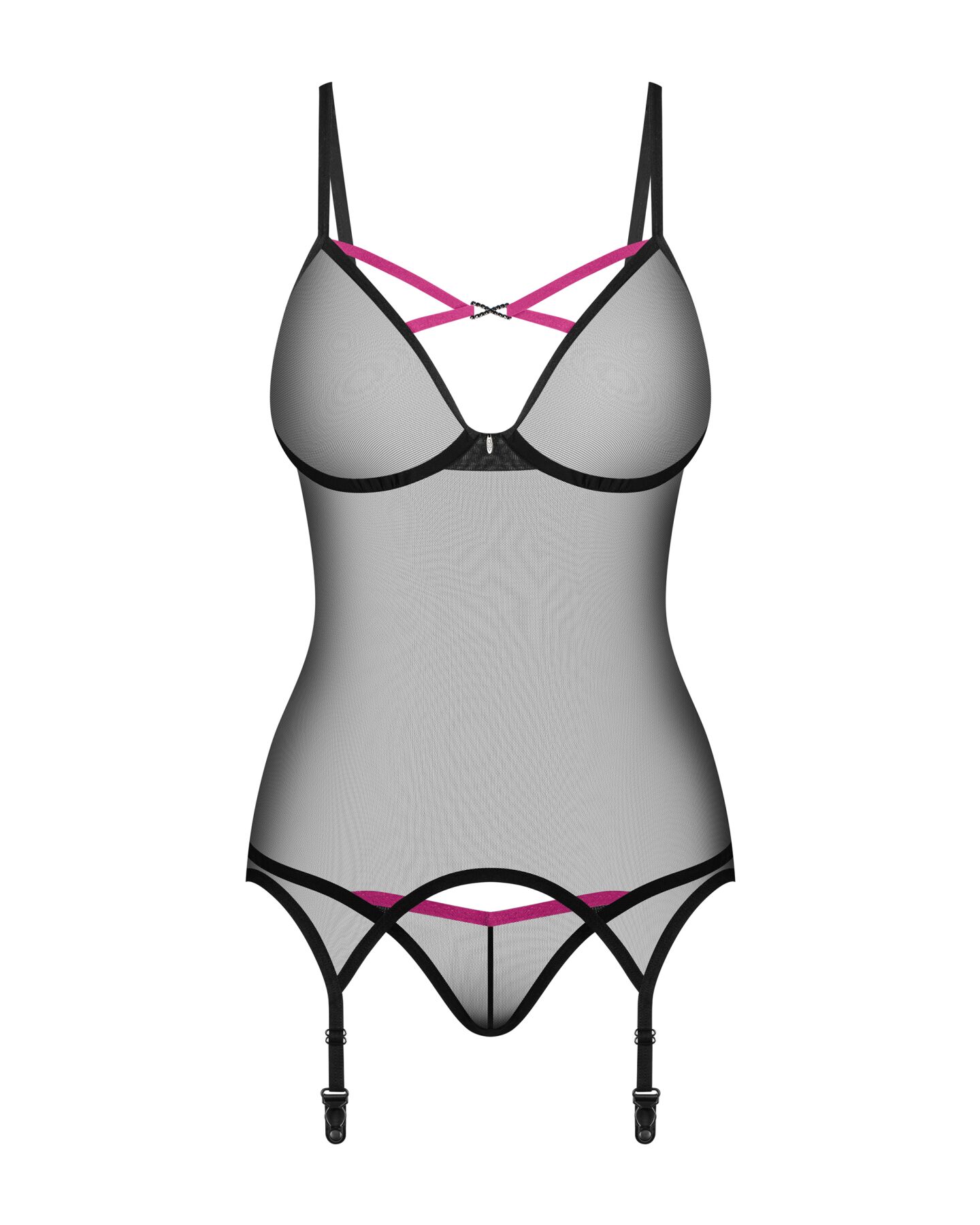 Корсет Obsessive Novenes corset & thong, XL/2XL, прозорий, відкрита спина, стрінги в комплекті